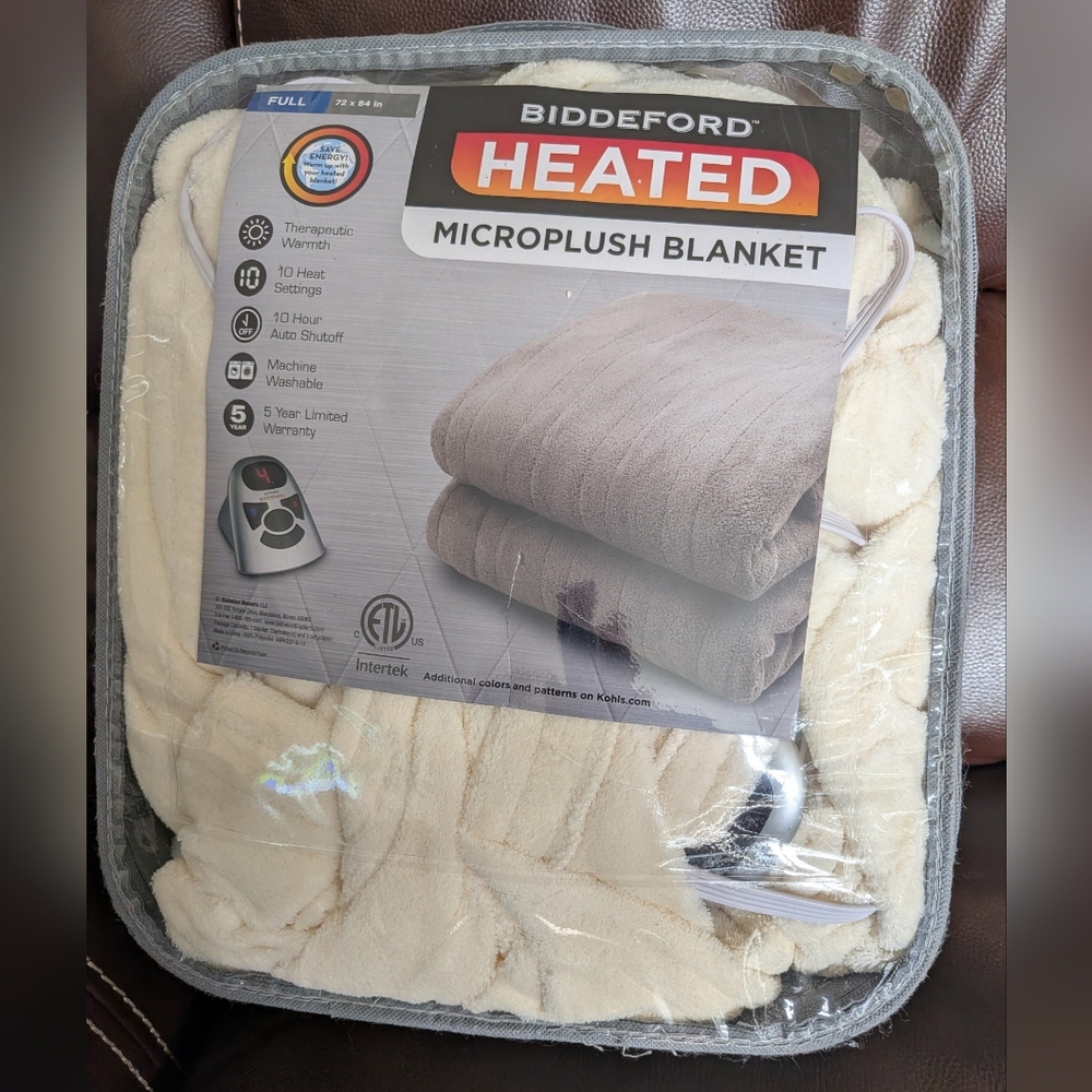 Biddeford Wireless Heated Microplush Blanket - Ivory Plush Comfort..Full Size